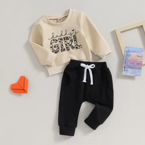Vista 3 de FOCUSNORM Conjunto de sudadera con letras de leopardo para recién nacido, ropa de otoño e invierno