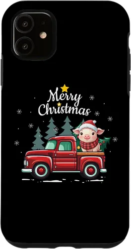 Vista 5 de Funda divertida para iPhone 15 Pig Christmas Truck Plaid