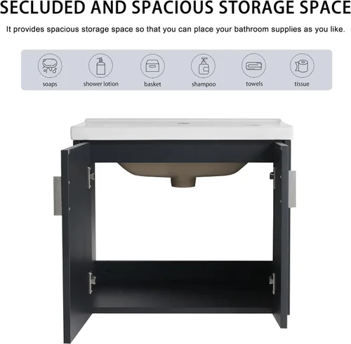 Vista 5 de Mueble de baño de 24 pulgadas con fregadero, tocador flotante de 24 pulgadas con fregadero de cerámica blanca brillante, gabinete de baño de madera