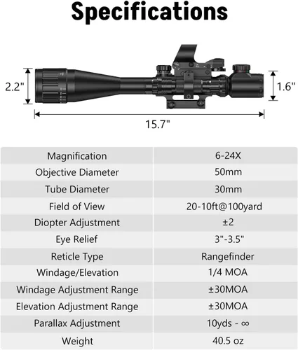 Vista 2 de MidTen Combo de alcance de rifle AO de 6-24x50, óptica de alcance doble iluminado con vista holográfica de punto rojo y verde, mira láser IIIA/2MW