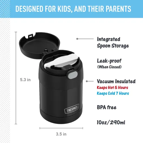 Vista 2 de THERMOS Funtainer - Tarro de alimentos aislado de 10 onzas, tarro de comida para niños con cuchara plegable, color negro