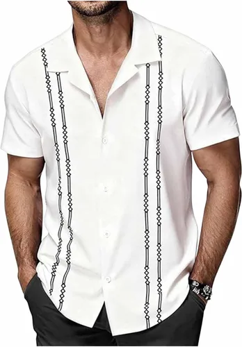 Vista 11 de Camisa de guayabera cubana para hombre, camisa de manga corta con botones, camisas hawaianas casuales de verano, camisas de playa para vacaciones