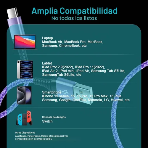 Vista 3 de Cable USB C S25 Ultra Samsung [2 unidades, 3 pies] USB A a USB C Cable de Púrpura