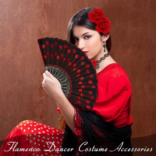 Vista 5 de 5 accesorios de flamenco de flores de rosas de Halloween que incluyen ventilador plegable de tela de lentejuelas bordadas pinza de cabello de flores