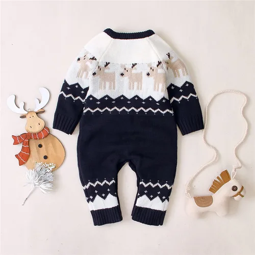 Vista 4 de Gueuusu Conjunto unisex de Navidad con estampado de dibujos animados, manga larga, suéter de punto, overol cálido para invierno