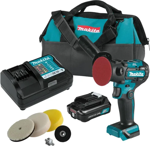 Vista 2 de Makita Kit de pulidora de iones de litio de 12 V sin escobillas de 3 pulgadas/lijadora de 2 pulgadas (2.0Ah), linterna, radio en el lugar de trabajo