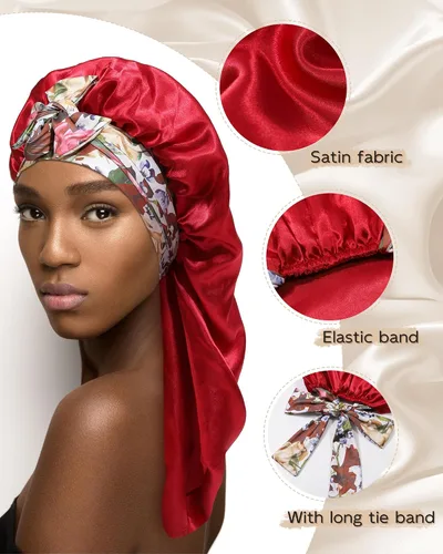 Vista 3 de Gorro largo de satén para trenzas, capó de seda para dormir, banda elástica para mujeres negras, cabello rizado