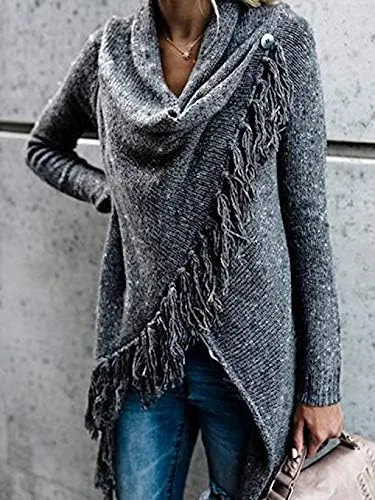 Vista 2 de CEASIKERY Women's Tassel Hem Sweater Long Cardigan Knitwer Pullover Poncho Coat