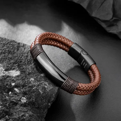 Vista 5 de murtoo Pulsera para hombre de cuero y acero, pulseras trenzadas de doble fila para hombres con cierre magnético de acero inoxidable, regalo elegante
