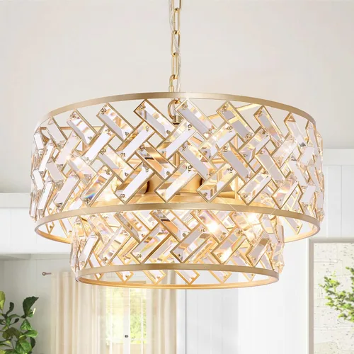 Vista 17 de CATINER - Candelabro de cristal dorado de 18 pulgadas, colgante semiempotrado de 6 luces grande dorado