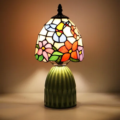 Vista 12 de Tiffany Stained Glass Mushroom Table Lamp 12.5 Inch -Blue Peacock Tiffany Lamp,6X6X12.5 Inch,Small Night Light,Ceramic Base, Mini Accent Light