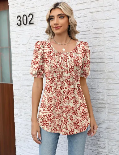 Vista 2 de LOMON Blusa de manga larga y corta para mujer, plisada, cuello redondo, estilo casual, holgada, para otoño