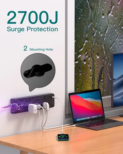 Vista 5 de Regleta de Enchufes - Addtam Protector contra Sobretensiones con 10 Tomas y 4 Puertos USB, Cable de Extensión de 6 Pies con Enchufe Plano, 2700 Negro