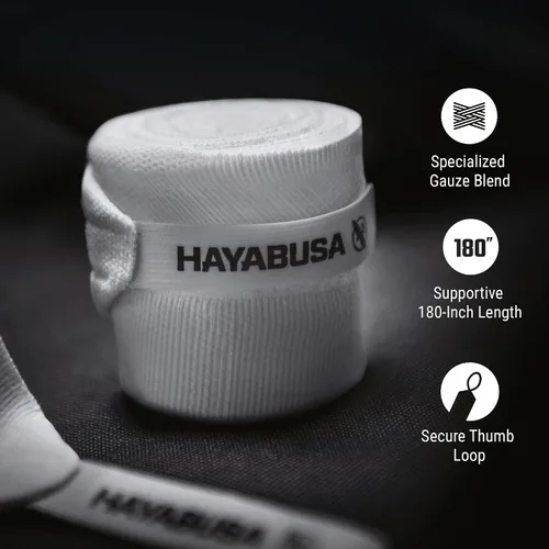 Vista 2 de Hayabusa - Vendas de mano de boxeo de gasa para hombres y mujeres, pulgar inicial con cierre de gancho y bucle, color blanco, 180 pulgadas