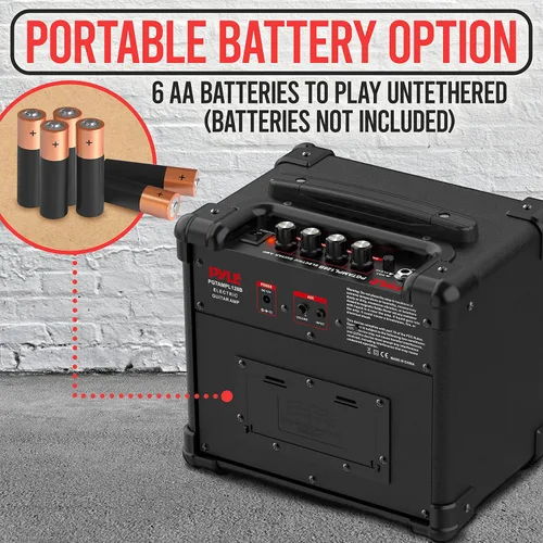 Vista 2 de Pyle Amplificador portátil de guitarra eléctrica, batería o pared, 10 vatios, mini amplificador de instrumento con altavoz de alta definición de 5