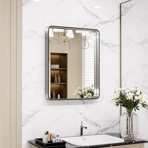 Vista 104 de LOAAO 20x16 Pulgadas Espejo de Baño con Marco de Metal Negro para Pared, Espejo de Tocador de Baño de Estilo Granja, Espejo Grande Rectangular