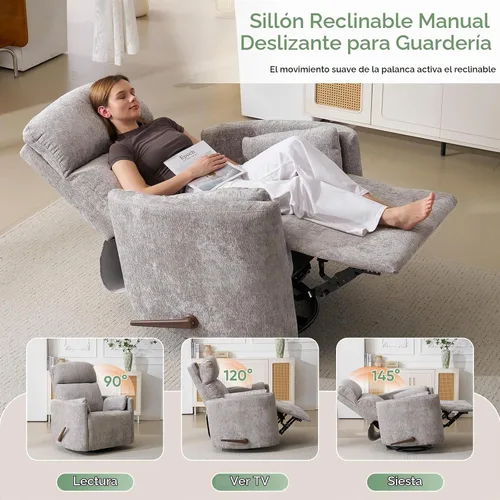 Vista 7 de Silla reclinable giratoria de gran tamaño con calor y masaje, mecedora con reposacabezas ajustable, silla reclinable manual mecedora con 2 Chenille