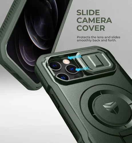 Vista 5 de Dexnor - Funda para iPhone 12 & iPhone 12 Pro con tapa deslizante para cámara, soporte ajustable y protector de pantalla integrado, carcasa