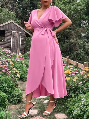 Vista 4 de Verdusa Vestido largo cruzado de maternidad para mujer, manga de mariposa, acampanado, con cinturón