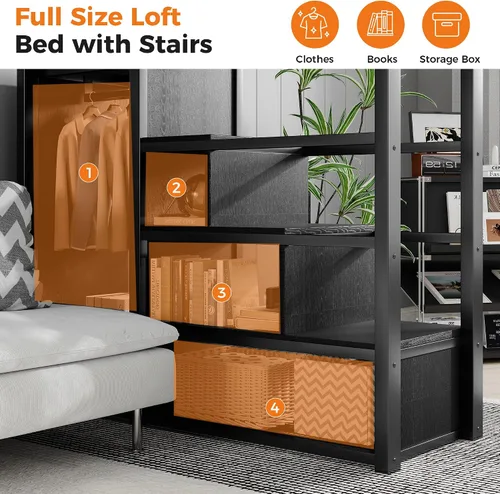 Vista 4 de Cama tipo loft de tamaño matrimonial con escaleras de almacenamiento integradas, armario, marco de cama alta de metal con barandilla lateral