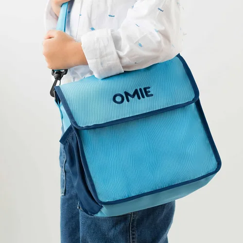 Vista 2 de Omie OmieBox - Lonchera lavable, plegable, duradera, resistente al agua con bolsillo interior y soporte externo para botellas (azul)