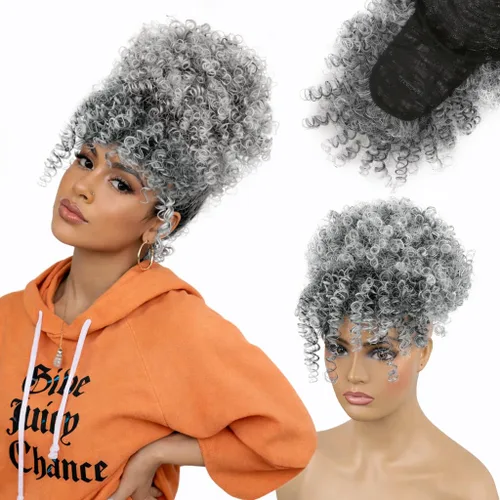 Vista 14 de Cola de caballo con cordón y flequillo, extensiones de cola de caballo afro para mujer, cola de caballo corta y rizada con flequillo con clip para 1b