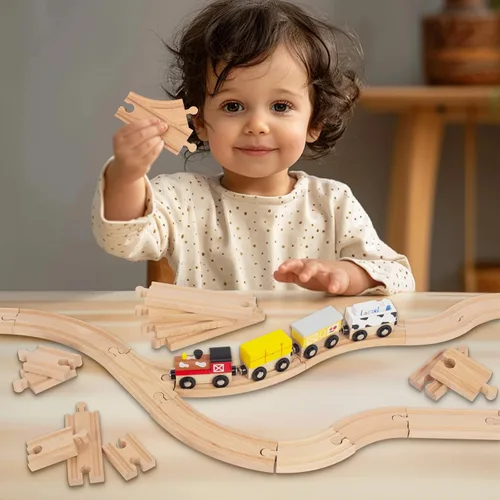 Vista 5 de Juego de 24 pistas de tren de madera, expansión de vías y 9 piezas distintas, 100% compatible con todas las principales marcas, incluido el sistema