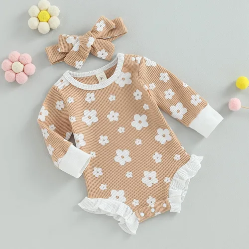 Vista 20 de Ropa de bebé recién nacida, sudadera floral de manga larga, mameluco con volantes, diadema de gofre, traje de otoño de una pieza
