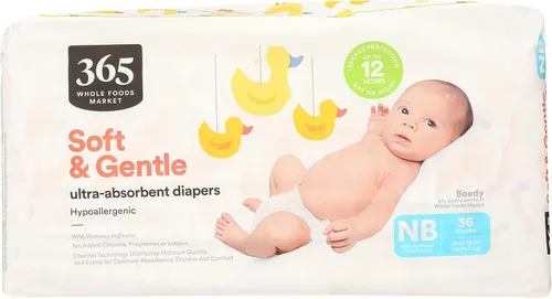 Vista 2 de 365 by Whole Foods Market, Pañales suaves y suaves para recién nacidos con indicador de humedad, ultra absorbentes, hipoalergénicos, 36