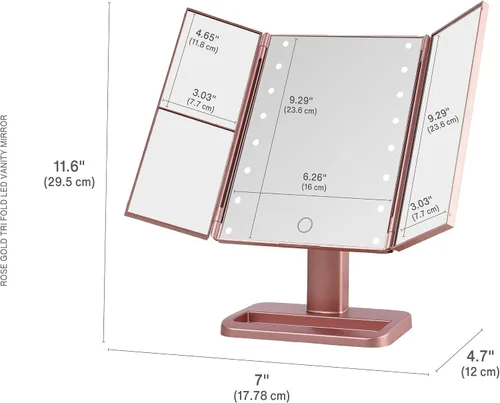 Vista 2 de MELANNCO - Espejo de tocador con luces, espejo de maquillaje LED de tres pliegues de oro rosa para escritorio, 16 luces LED, 2 secciones de aumento