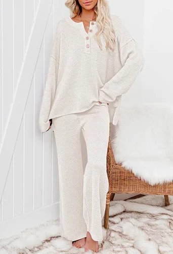 Vista 4 de Viottiset Conjunto de 2 piezas para mujer, sudadera de punto de manga larga, pantalones de pierna ancha, ropa de descanso Beige