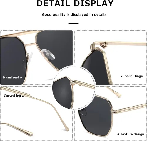 Vista 6 de kimorn Gafas de sol polarizadas para mujer y hombre, retro, de gran tamaño, cuadradas, vintage, modernas, clásicas, grandes, de metal, gafas de sol