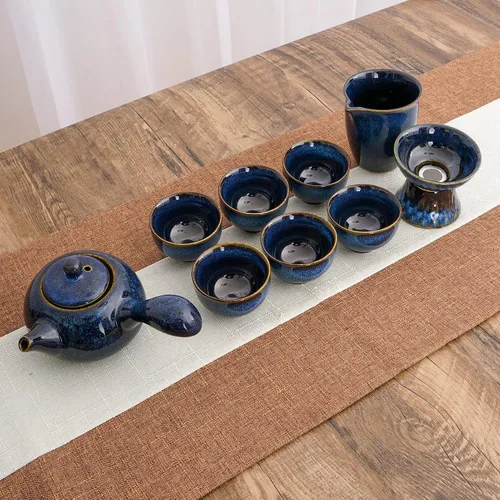 Vista 4 de Juego de té chino de cerámica Kung Fu, juego de té para adultos de 9 piezas, juego de té de la tarde, juego en caja de regalo perfecto para los Azul