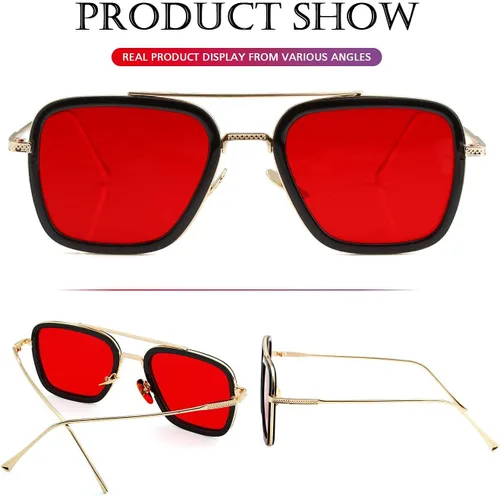 Vista 6 de PORADAY Tony Stark - Gafas de sol Iron Man con marco de metal cuadrado vintage