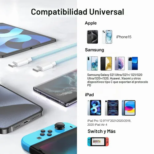Vista 8 de Cable Carplay de coche para iPhone 17, cable de carga rápida, paquete de 3 unidades de 6 pies 60 W, USB A a USB C, multicolor, cable trenzado