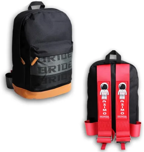 Vista 26 de W-POWER JDM Bride Racing Mochila de viaje para laptop con parte inferior marrón con correas de arnés ajustables (ASIMO-BK)