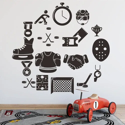 Vista 5 de Calcomanía de pared de hockey sobre hielo, adhesivo de PVC extraíble con jugador de hockey y cronómetro, arte de pared de vinilo para amantes