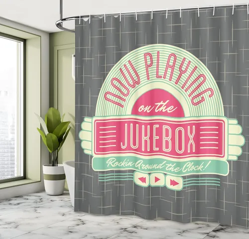 Vista 4 de Ambesonne Jukebox - Cortina de ducha, fondo gris carbón inspirado en los años 50, imagen de caja de música de radio, juego de decoración de baño