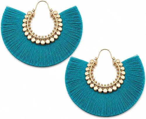 Vista 28 de Aretes de aro con borla, aretes colgantes de hilo de declaración, elegantes aretes largos con flecos, ligeros, largos y con gancho francés, para un