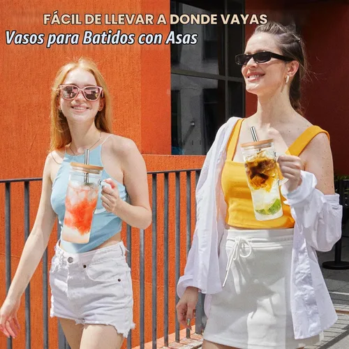 Vista 2 de MCleanPin Vasos de vidrio con tapas y pajitas de bambú, vaso de vidrio de 24 onzas con asas, paquete de 2 tarros Mason con tapas y boca ancha
