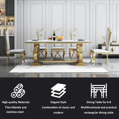 Vista 5 de Juego de mesa de comedor de mármol sintético, 7 piezas, juego de mesa de cocina y comedor para 6, mesa de comedor rectangular blanca de 70 pulgadas