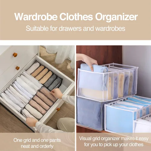 Vista 4 de Organizador de ropa para armario, 7 rejillas, lavable, portátil, organizador de armario, caja de almacenamiento de separación de malla, organizador