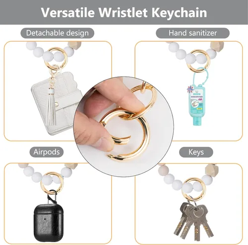 Vista 6 de Lostars Llavero tipo cartera para mujer, tarjetero RFID con llavero, llavero de bolsillo para tarjetas de borla para mujer