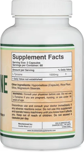 Vista 3 de L-Tirosina 1,000mg por porción, 120 cápsulas vegetarianas (Suplemento de L-tirosina para memoria, atención y enfoque) Aminoácido, seguro