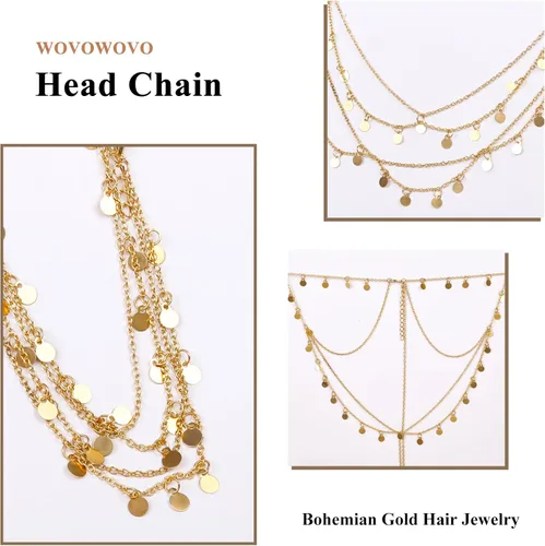 Vista 3 de WOVOWOVO Diadema dorada para la cabeza para mujeres y niñas, disfraz de diosa, lentejuelas, accesorios para el cabello, festival de Halloween indio