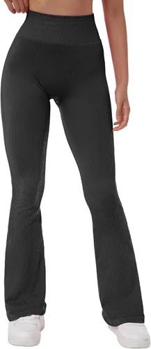 Vista 3 de MOSHENGQI Leggings acampanados acanalados para mujer, pantalones de yoga sin costuras de cintura alta