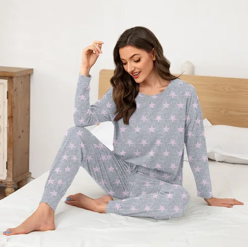 Vista 3 de DUSDIMON Conjunto de pijama de manga larga para mujer, conjunto de dos piezas con bolsillos, ajuste holgado