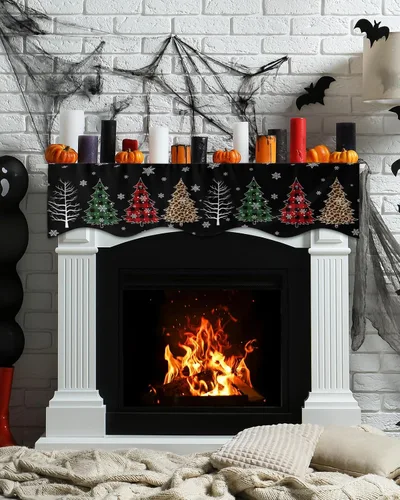 Vista 3 de Bufanda de manto de 90 x 17 pulgadas, diseño de rejilla de búfalo negro de Navidad, árbol de Navidad, chimenea, mantel, cubierta de mantel