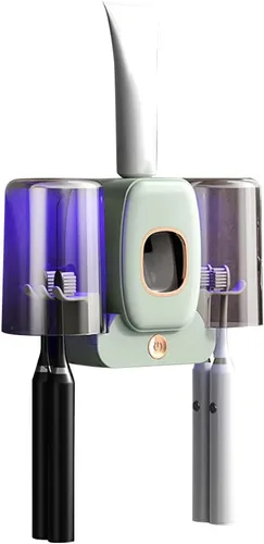 Vista 8 de Portacepillos de dientes con dispensador de pasta de dientes y 2 vasos para cepillos de dientes, múltiples aberturas para colgar, soporte