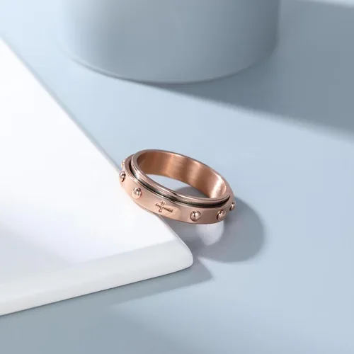 Vista 3 de Adreamz Anillo giratorio de 0.236 pulgadas para aliviar la ansiedad con cuentas Cruz Señor oración platanegroorooro rosa anillo de acero inoxidable